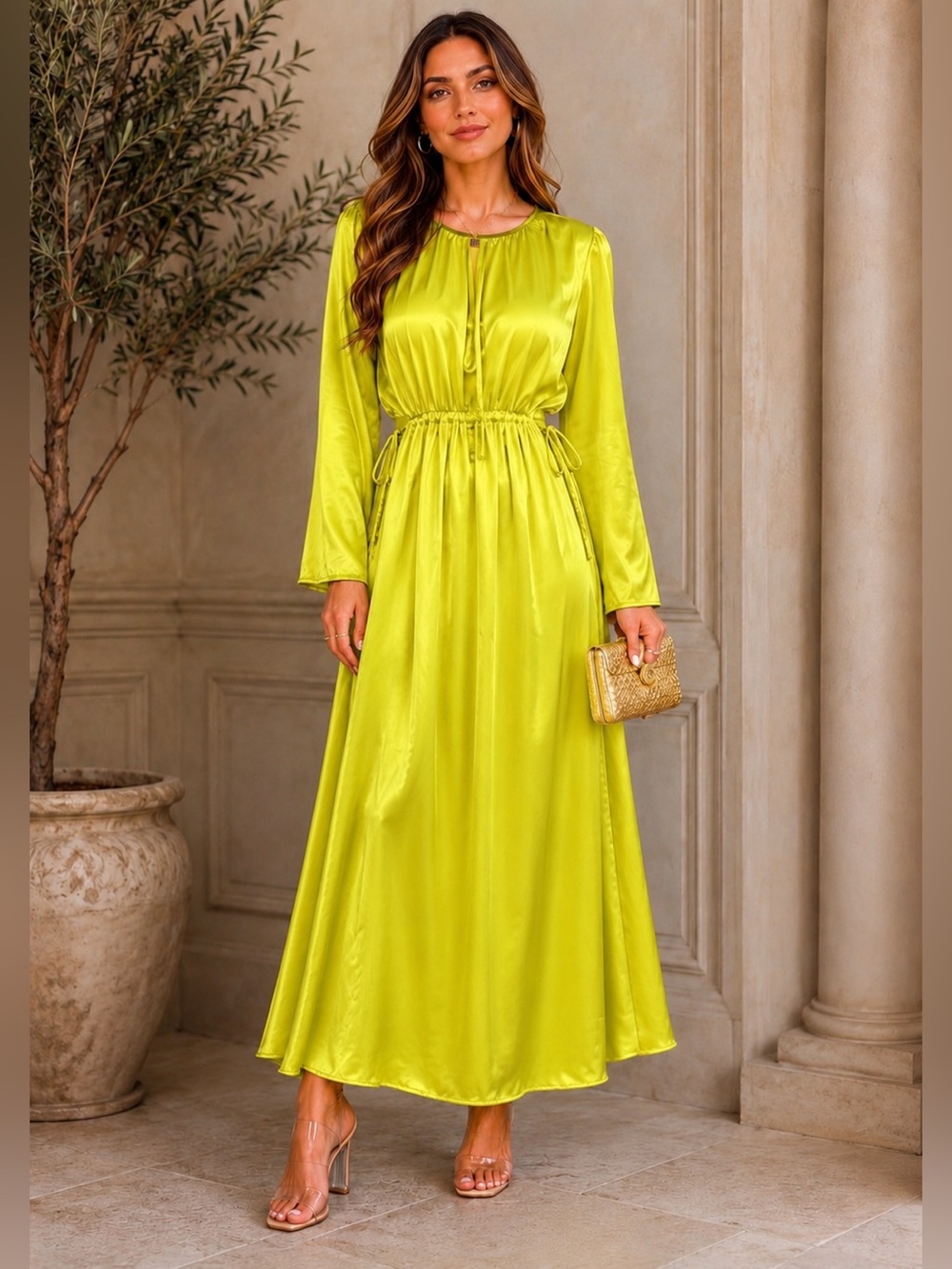 Topshop occasion ruched detail long sleeve midi dress in lime Size 4/6